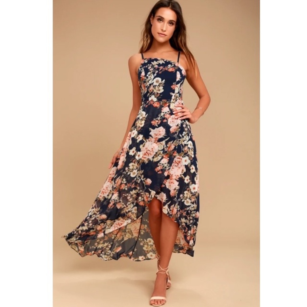 Lulus Reflection Navy Blue Floral Print High Low Dress